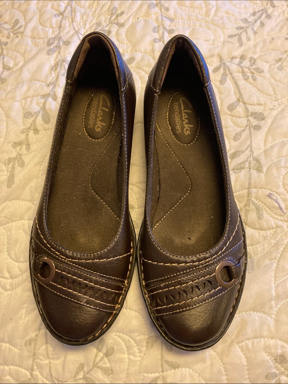 Clarks Dark Brown Leather Slip-On Flats with Ring Accent